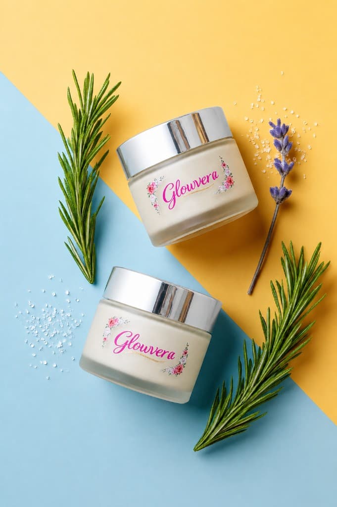 Two Glowvera jars with herbs and crystals